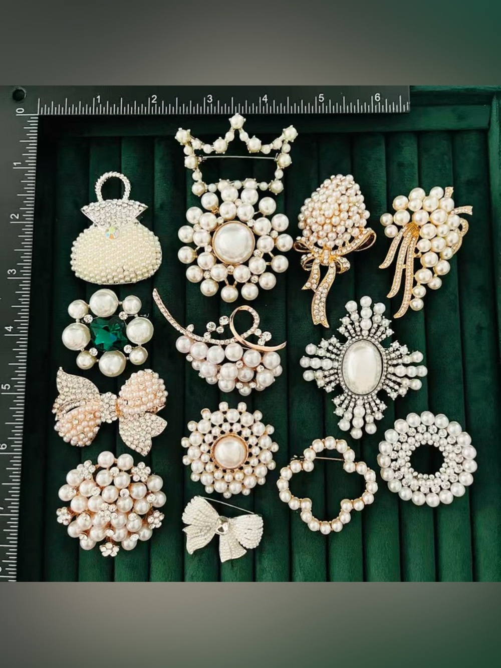 Lot of 14 Exquisite Faux Pearl Brooches - Sparkling Rhinestone & Gold Tone Mix